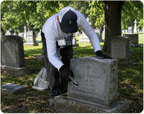 A Tending specialist carefully restoring an aged headstone on-site