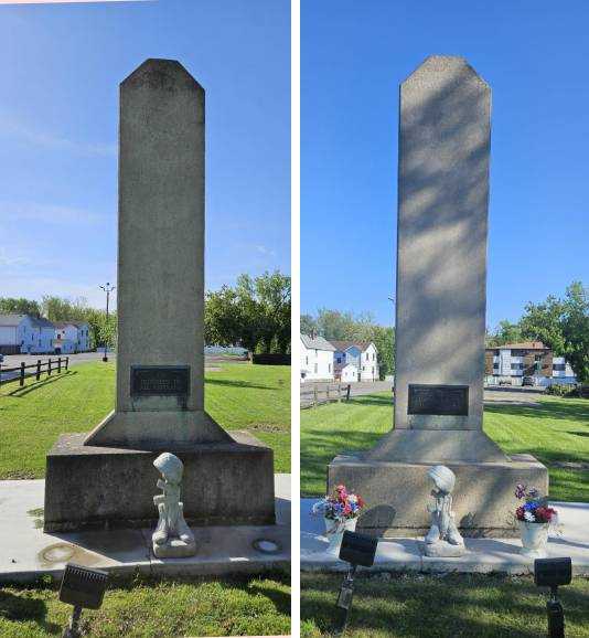 Upright concrete headstone after deep cleaning and gravestone lettering repair services