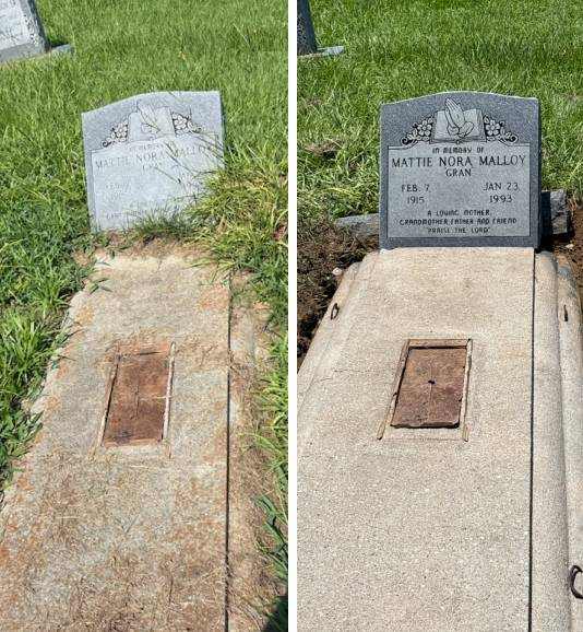Properly leveled, reinstalled, and restored upright headstone in a local graveyard