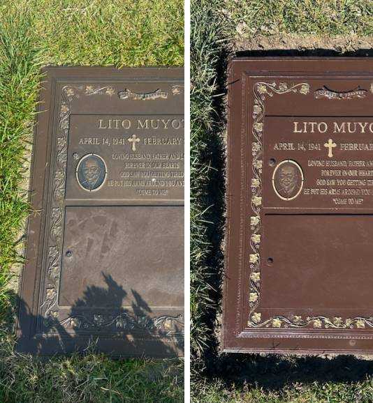 Before and after professional restoration of a slant granite monument at a local cemetery