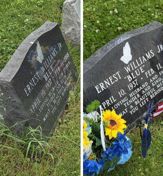 Professional restoration and leveling work completed for two upright cemetery tombstones