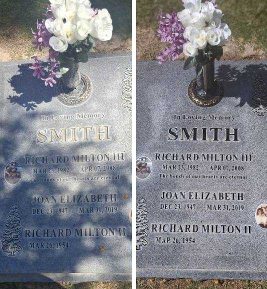 Oxidation removal and bronze grave marker restoration on a flush granite base