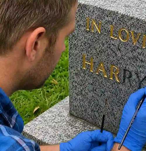 Brush repainting incised letters on a headstone