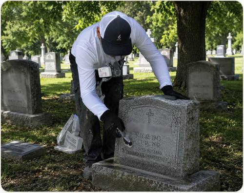 Tending specialist providing remote headstone cleaning and grave restoration services for out-of-state families