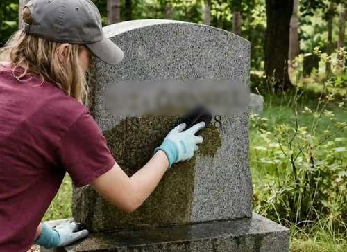 Low-pressure spray cleaning a weathered marble headstone