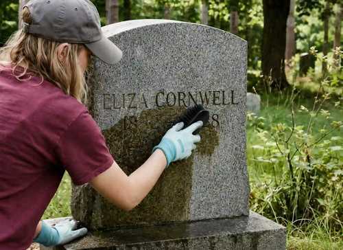 Low-pressure spray cleaning a weathered marble headstone