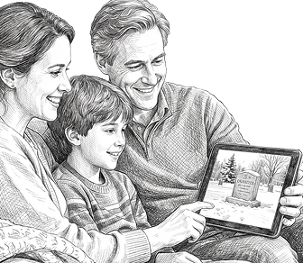 Sketch of a family viewing a relative's burial on a tablet