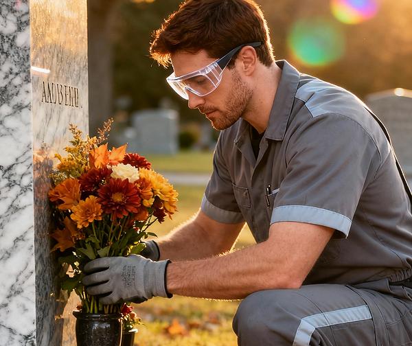 Our trained specialist carefully placing flowers at a headstone, embodying Tendings commitment to compassion and respect