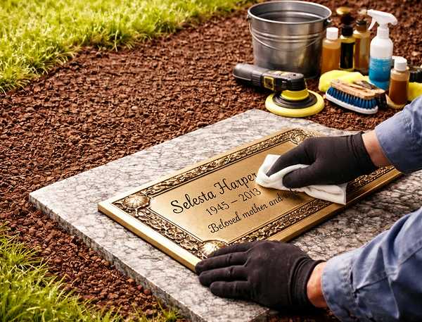 Tending specialist performing professional bronze plaque restoration