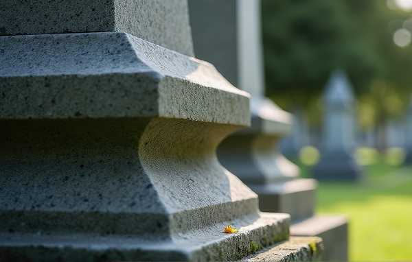 Close-up of a solid granite headstone base showing its texture and installation