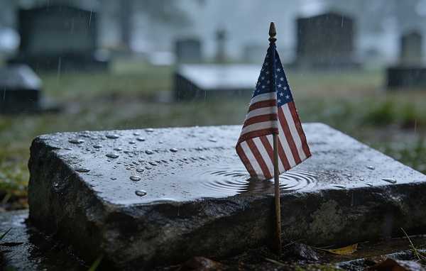 A marble tombstone and an American flag enduring heavy rain in a cemetery