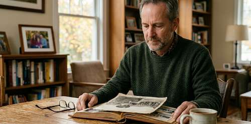 A man looking through an old family photo album to gather clues about a lost ancestor's grave