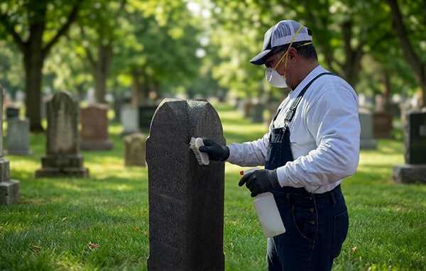 A professional grave care specialist gently cleaning a granite headstone by hand without using a pressure washer