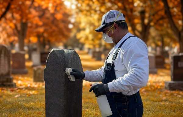Tending specialist gently cleaning a granite headstone in the fall