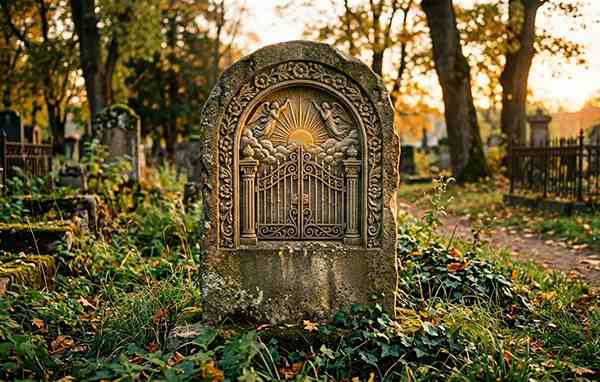 Carved clouds and a reaching hand on a headstone, symbolizing the gates of heaven