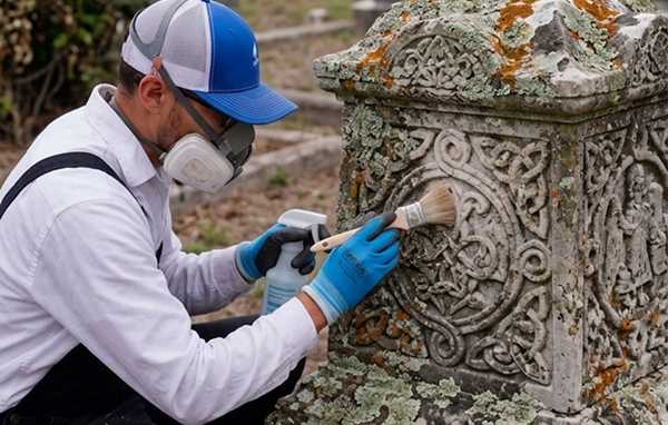 Specialist applying a biocide treatment to a moss-covered headstone