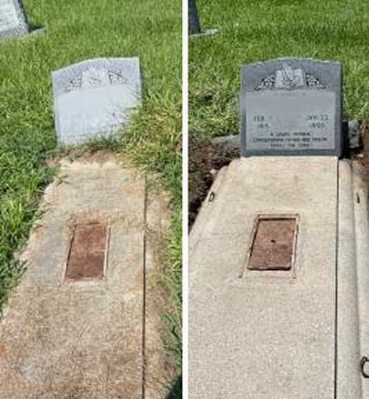 Properly leveled, reinstalled, and restored upright headstone in a local graveyard