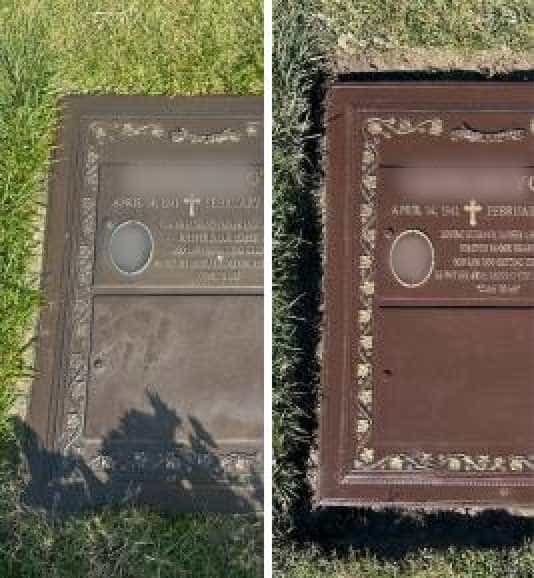 Before and after professional restoration of a slant granite monument at a local cemetery