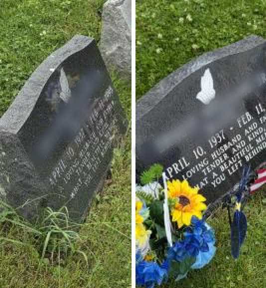 Professional restoration and leveling work completed for two upright cemetery tombstones