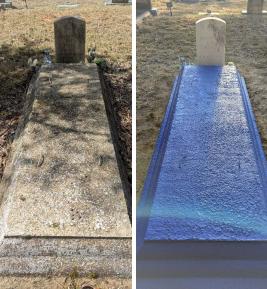 One-time full restoration and cleaning for a slant monument, Texas, fall, 2025. / Before and after