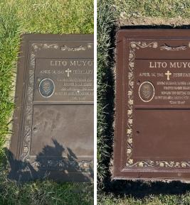 Restoration of slant monument, California, fall, 2025 / Before and after