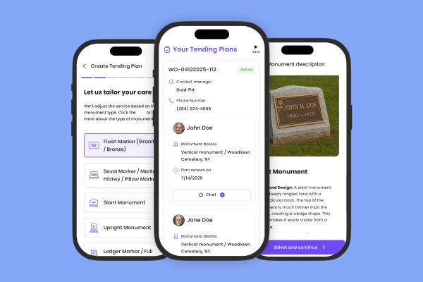 The Tending App interface displaying grave care subscription options, photo reports, and monument type selection